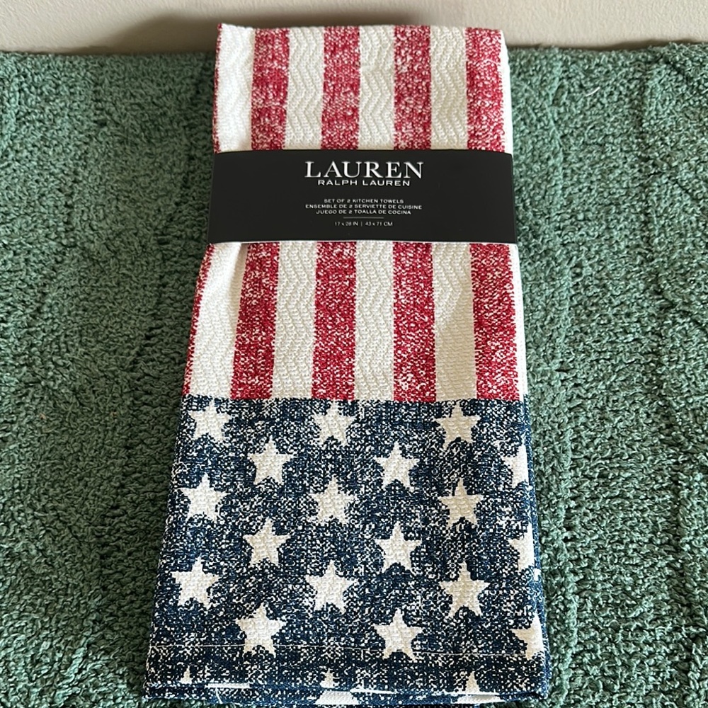 Lauren Ralph Lauren American Flag 🇺🇸 Kitchen Towel Set of 2 Red Ivory Blue NEW!